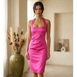 Cache Cocktail Dress Womens 4 Hot Pink Satin Halter Ruched Party Wedding Guest